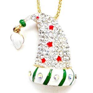 Santa HAT Green with Red Stars Christmas Pendant Necklace